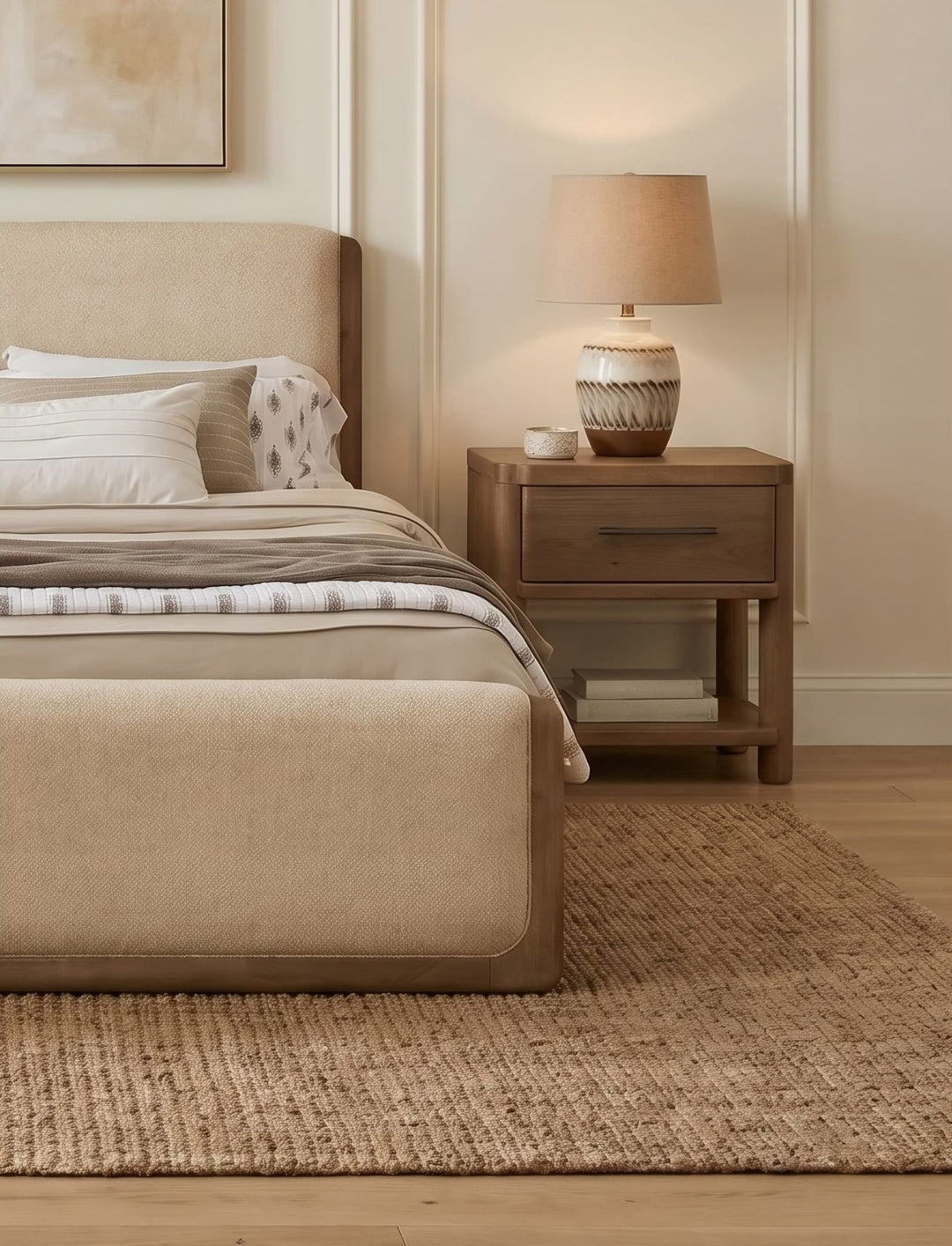 Hollis One Drawer Nightstand with Cord Management in Cabin Glow — in a bedroom setting