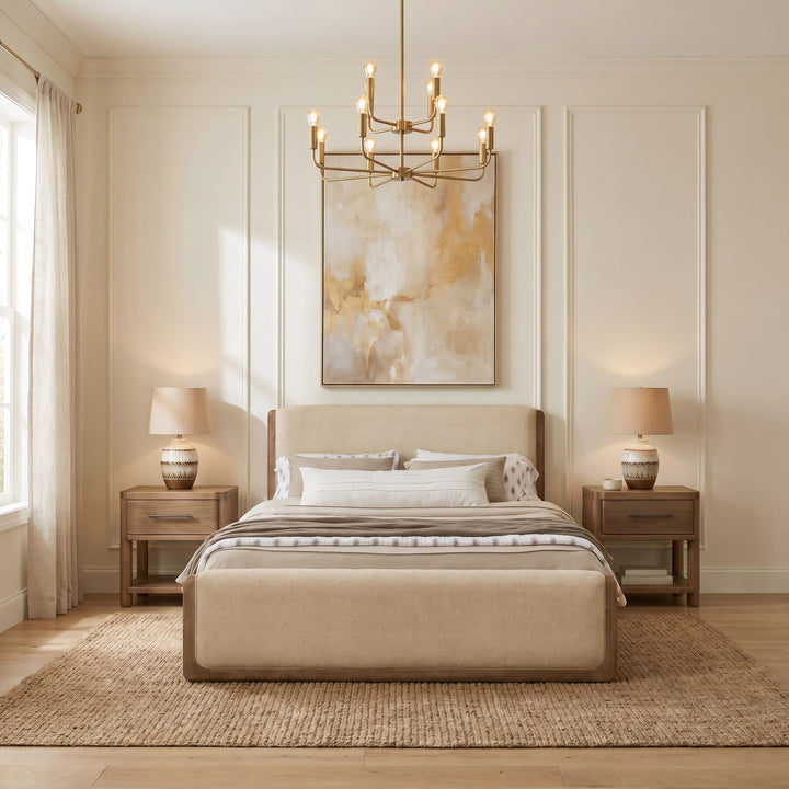 Hollis One Drawer Nightstand with Cord Management in Cabin Glow — in a bedroom setting