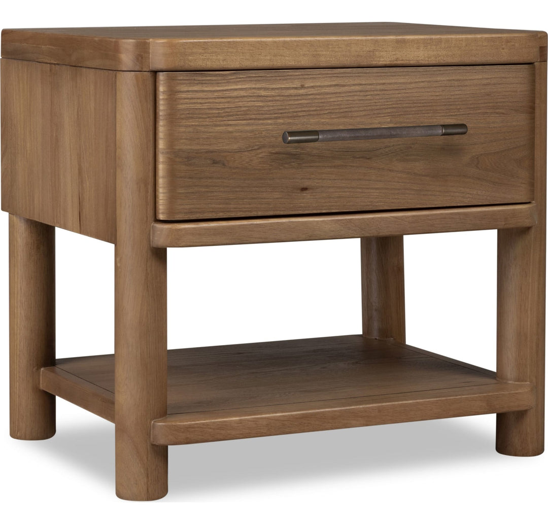 Hollis One Drawer Nightstand with Cord Management in Cabin Glow — on a white background