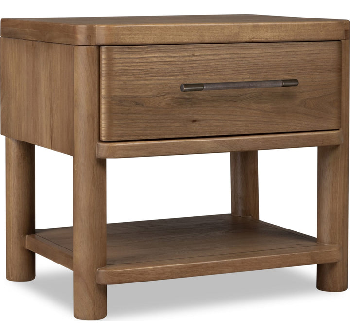 Hollis One Drawer Nightstand with Cord Management in Cabin Glow — on a white background