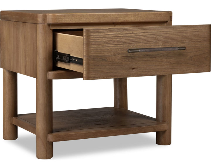 Hollis One Drawer Nightstand with Cord Management in Cabin Glow — with drawers open