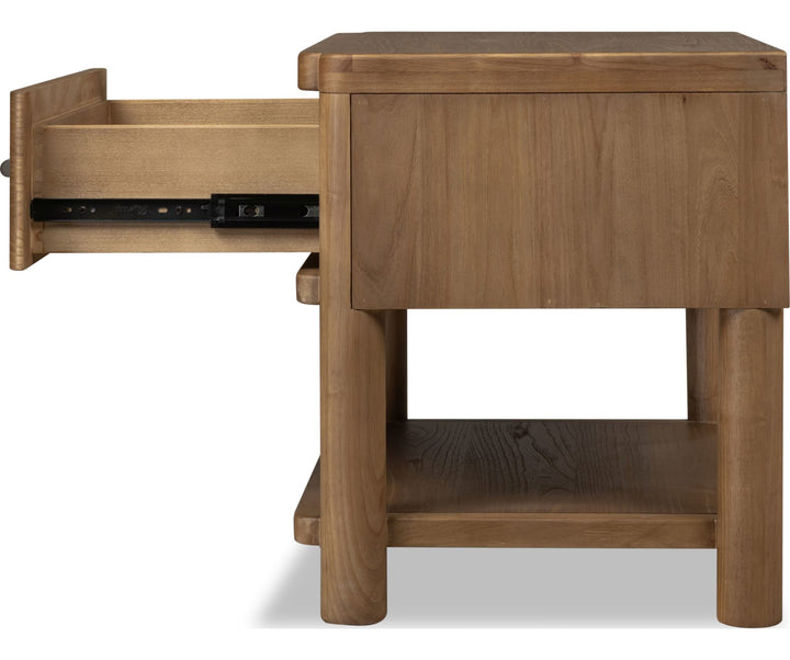 Hollis One Drawer Nightstand with Cord Management in Cabin Glow — with drawers open