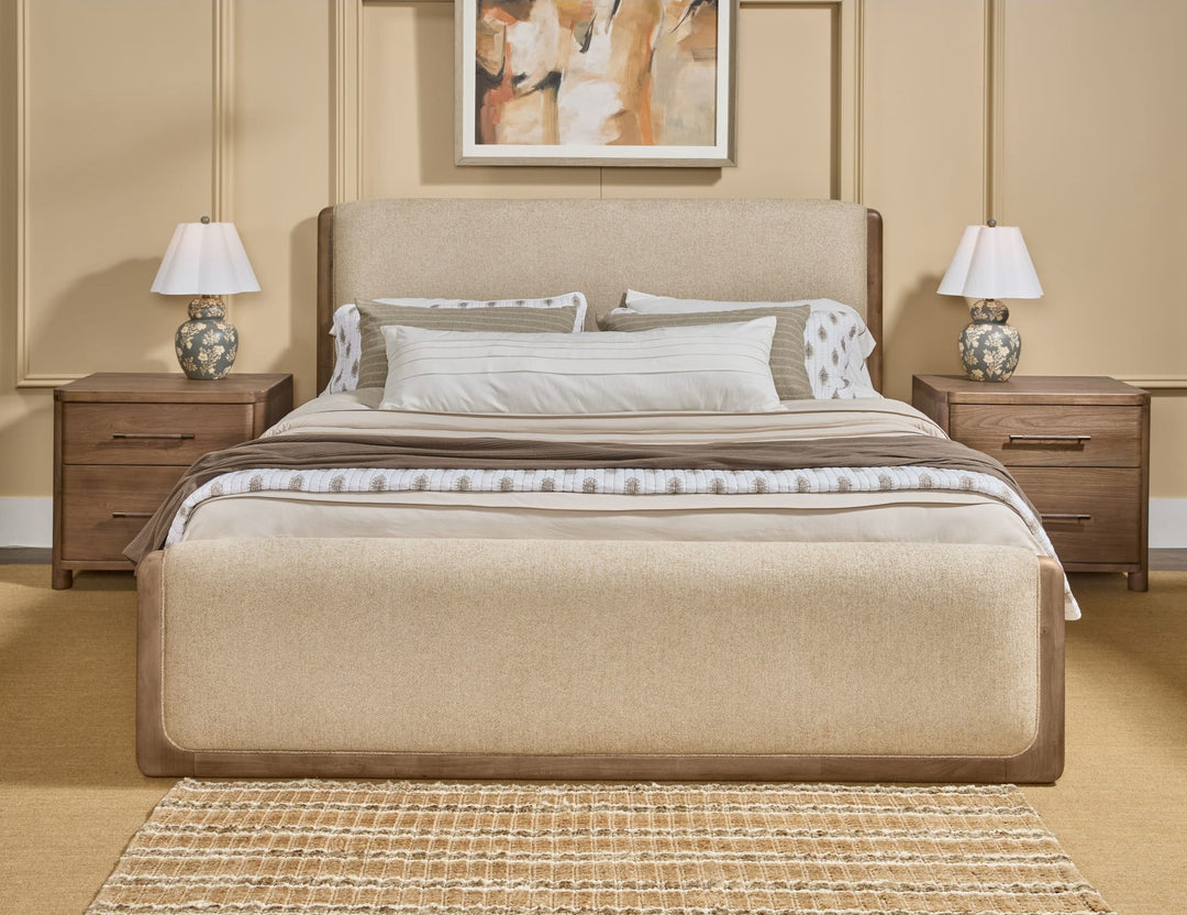 Hollis Two Drawer Nightstand with Cord Management in Cabin Glow — in a bedroom setting