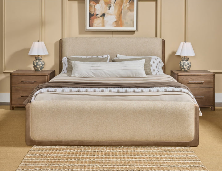 Hollis Two Drawer Nightstand with Cord Management in Cabin Glow — in a bedroom setting