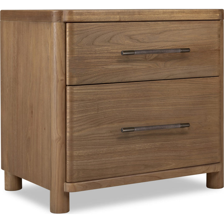 Hollis Two Drawer Nightstand with Cord Management in Cabin Glow — on a white background