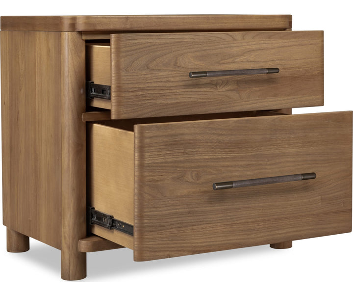 Hollis Two Drawer Nightstand with Cord Management in Cabin Glow — with drawers open