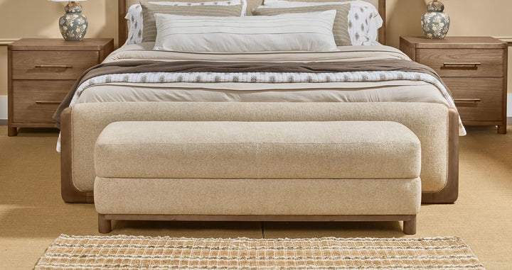 Hollis Upholstered Bench by Modus in Cabin Glow — in a bedroom setting