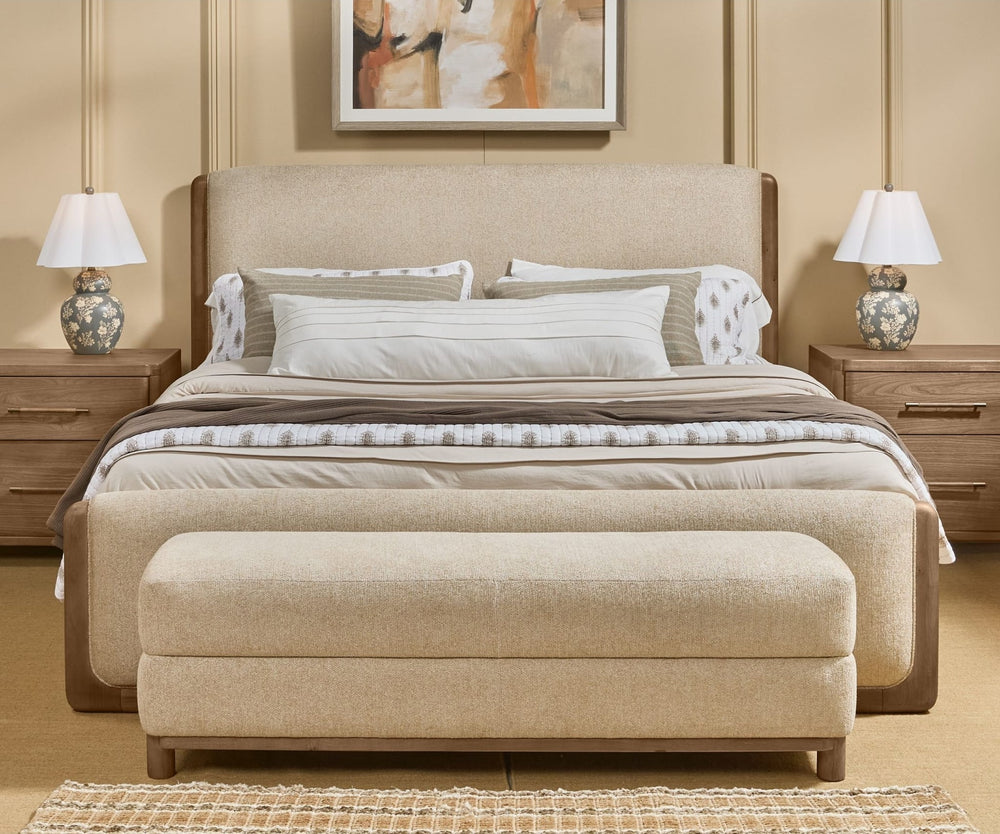 Hollis Upholstered Bench in Cabin Glow — in a bedroom setting