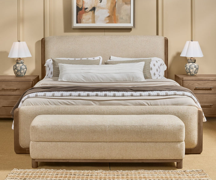 Hollis Upholstered Bench in Cabin Glow — in a bedroom setting