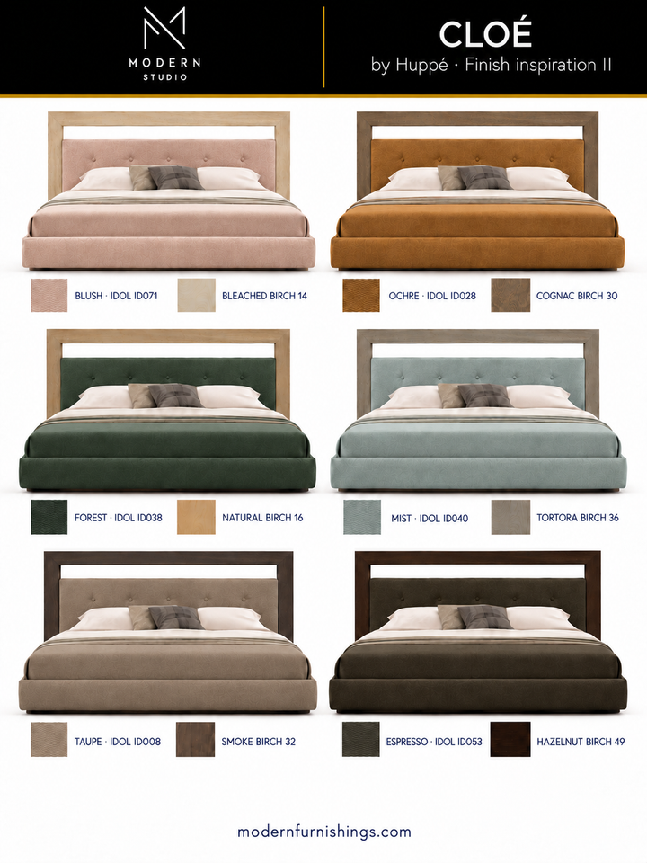 Modern Studio — Cloe Bed by Huppé, second finish-inspiration collection based on Huppé material swatches. Screen colors are approximate; confirm with physical samples.