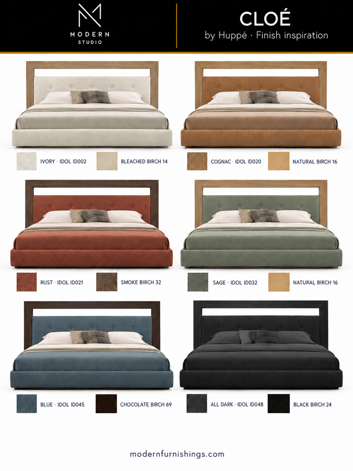 Modern Studio — Cloe Bed by Huppé. Six finish concept renderings with compatible upholstery and wood swatches. Confirm finishes with physical samples.
