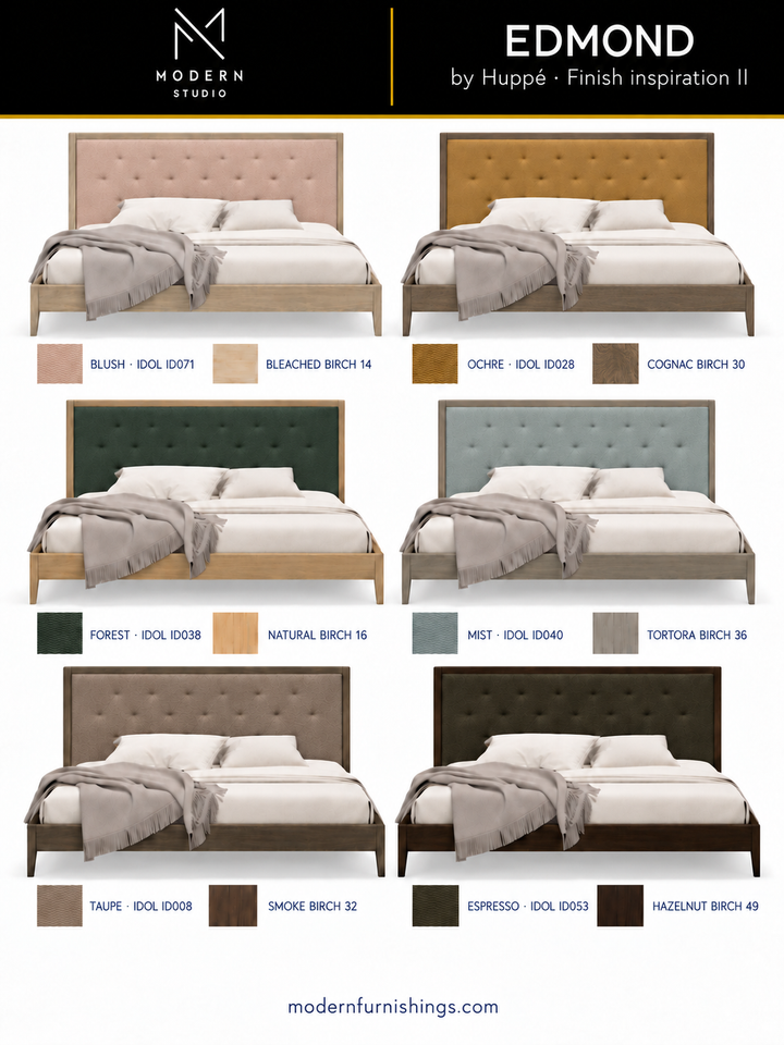 Modern Studio — Edmond Bed by Huppé, second finish-inspiration collection based on Huppé material swatches. Screen colors are approximate; confirm with physical samples.