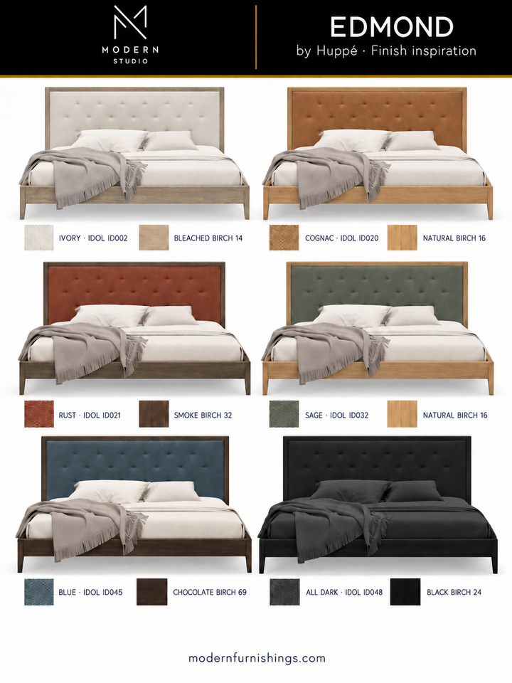 Modern Studio — Edmond Bed by Huppé. Six finish concept renderings with compatible upholstery and wood swatches. Confirm finishes with physical samples.