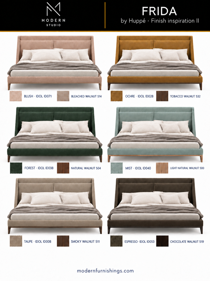 Modern Studio — Frida Bed by Huppé, second finish-inspiration collection based on Huppé material swatches. Screen colors are approximate; confirm with physical samples.