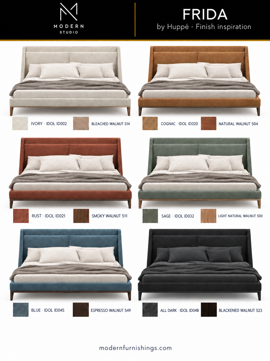 Modern Studio — Frida Bed by Huppé. Six finish concept renderings with compatible upholstery and wood swatches. Confirm finishes with physical samples.