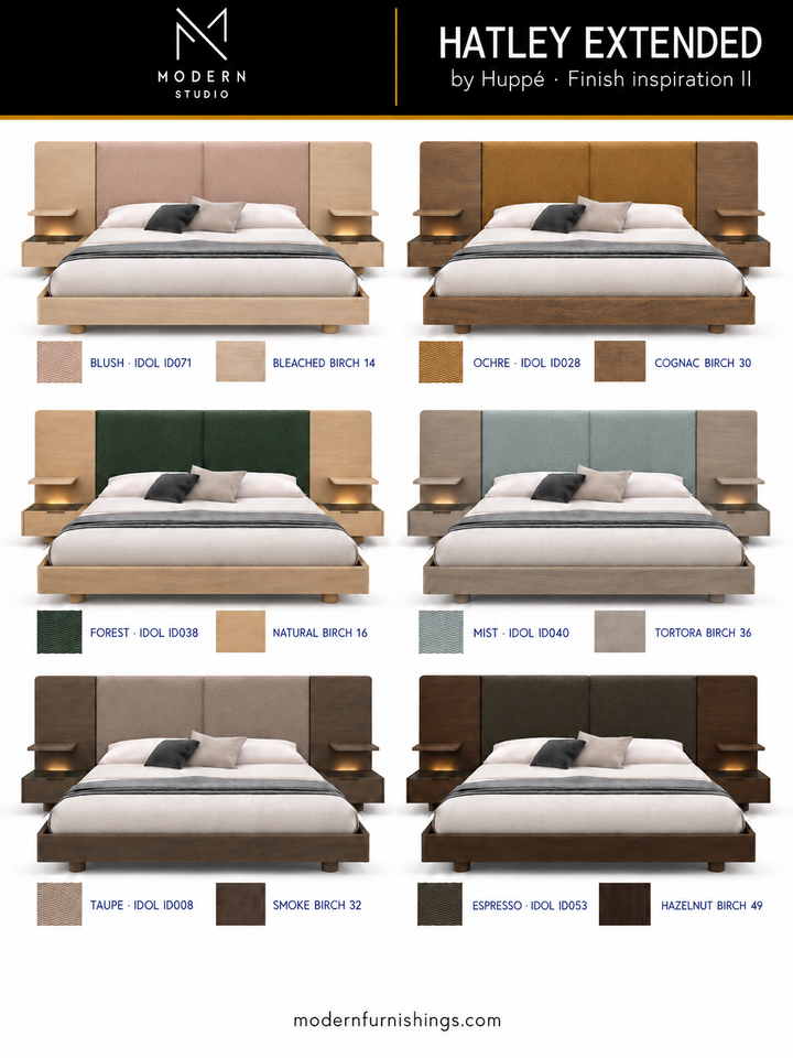 Modern Studio — Hatley Bed With Extended Headboard by Huppé, second finish-inspiration collection based on Huppé material swatches. Screen colors are approximate; confirm with physical samples.