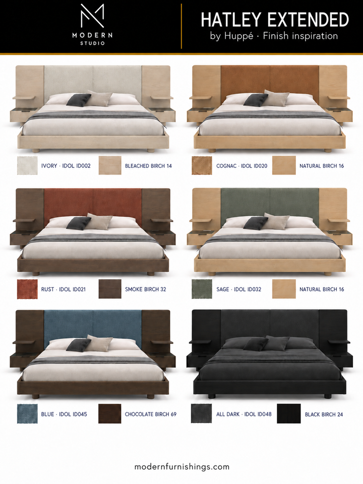 Modern Studio — Hatley Bed With Extended Headboard by Huppé. Six finish concept renderings with compatible material swatch references. Confirm finishes with physical samples.