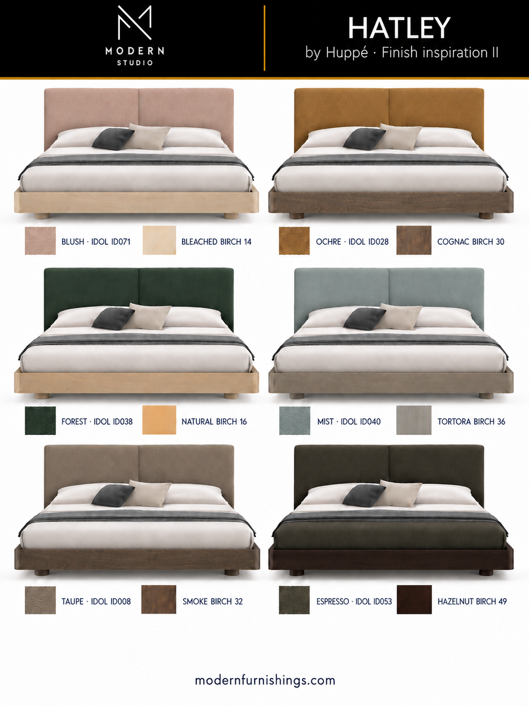 Modern Studio — Hatley Bed by Huppé, second finish-inspiration collection based on Huppé material swatches. Screen colors are approximate; confirm with physical samples.
