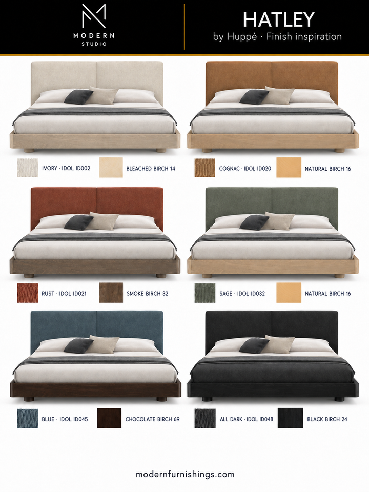 Modern Studio — Hatley Bed by Huppé. Six finish concept renderings with compatible upholstery and wood swatches. Confirm finishes with physical samples.