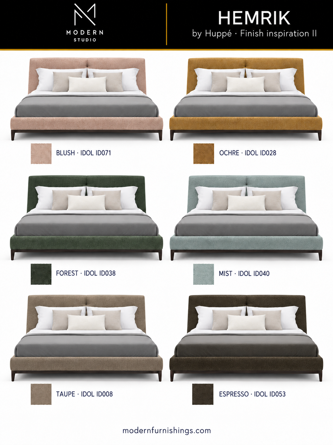 Modern Studio — Hemrik Upholstered Bed by Huppé, second finish-inspiration collection based on Huppé material swatches. Screen colors are approximate; confirm with physical samples.