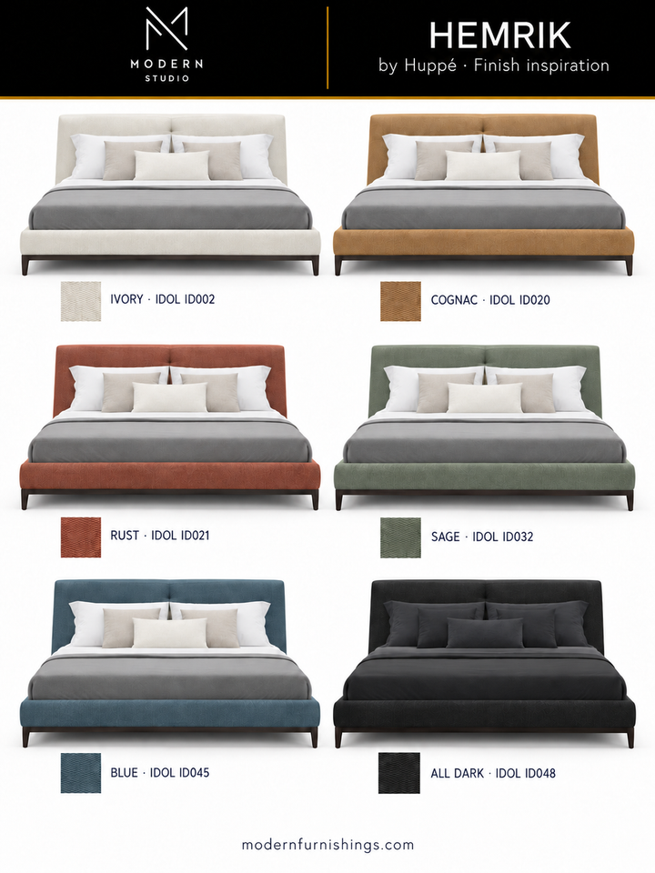 Modern Studio — Hemrik Upholstered Bed by Huppé. Six finish concept renderings with compatible material swatch references. Confirm finishes with physical samples.