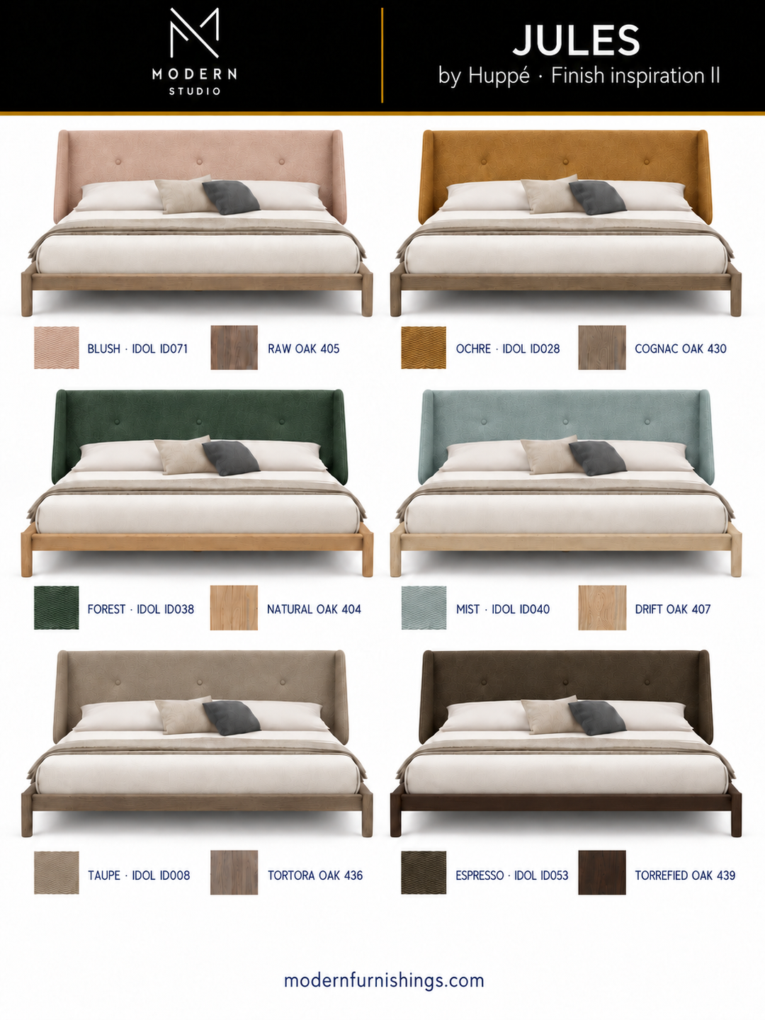 Modern Studio — Jules Bed by Huppé, second finish-inspiration collection based on Huppé material swatches. Screen colors are approximate; confirm with physical samples.