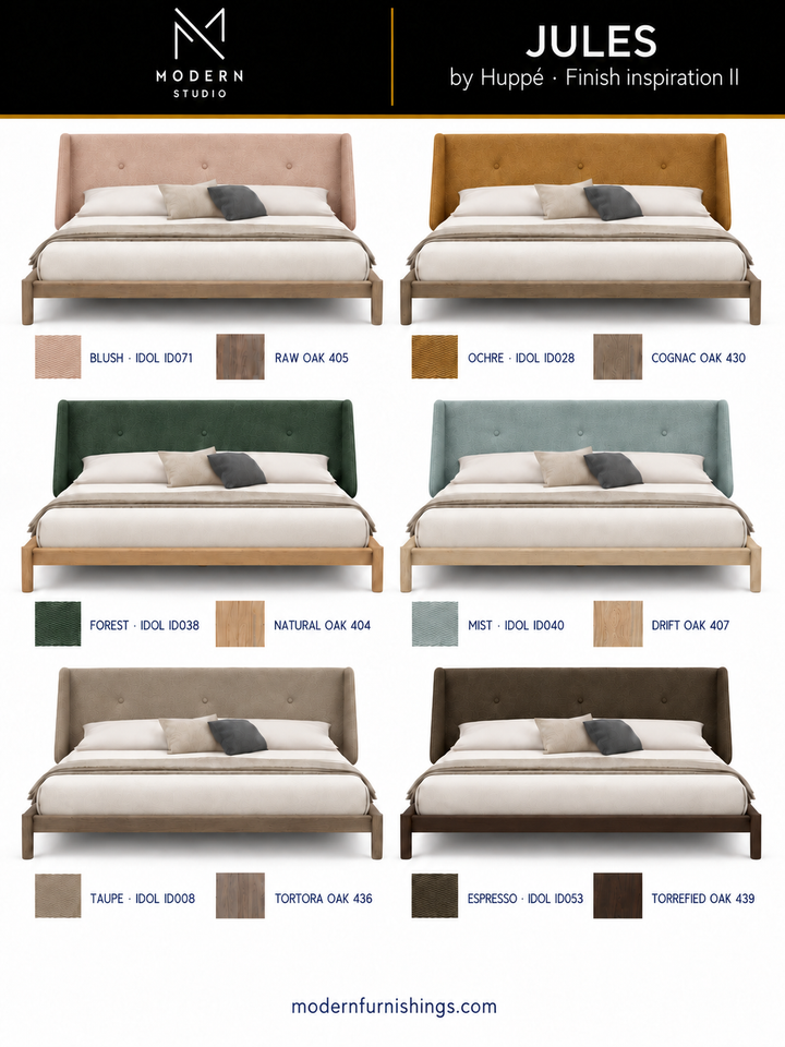 Modern Studio — Jules Bed by Huppé, second finish-inspiration collection based on Huppé material swatches. Screen colors are approximate; confirm with physical samples.