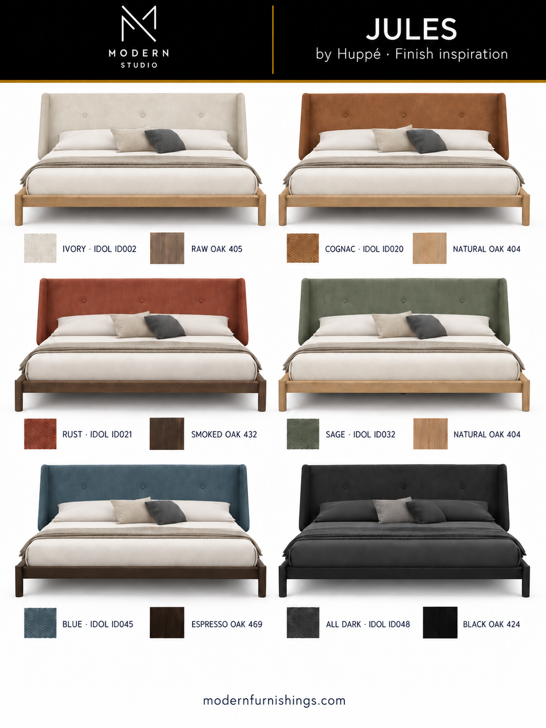 Modern Studio — Jules Bed by Huppé. Six finish concept renderings with compatible material swatch references. Confirm finishes with physical samples.