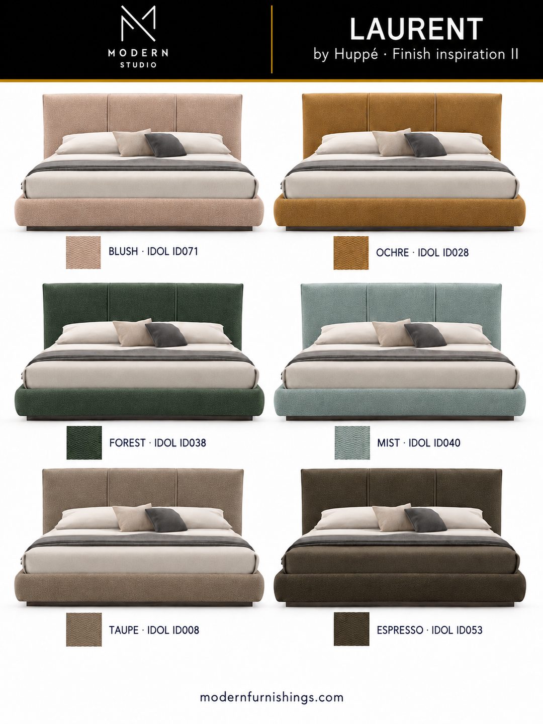 Modern Studio — Laurent Bed By Huppe by Huppé, second finish-inspiration collection based on Huppé material swatches. Screen colors are approximate; confirm with physical samples.
