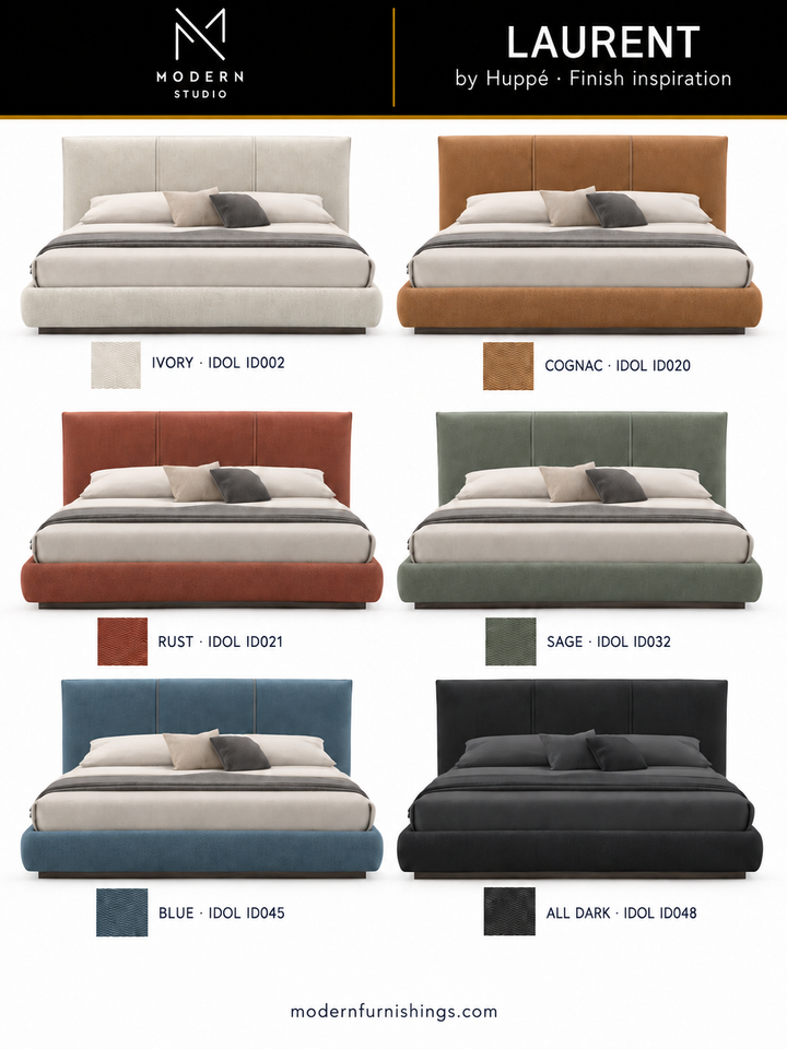 Modern Studio — Laurent Bed By Huppe by Huppé. Six finish concept renderings with compatible material swatch references. Confirm finishes with physical samples.