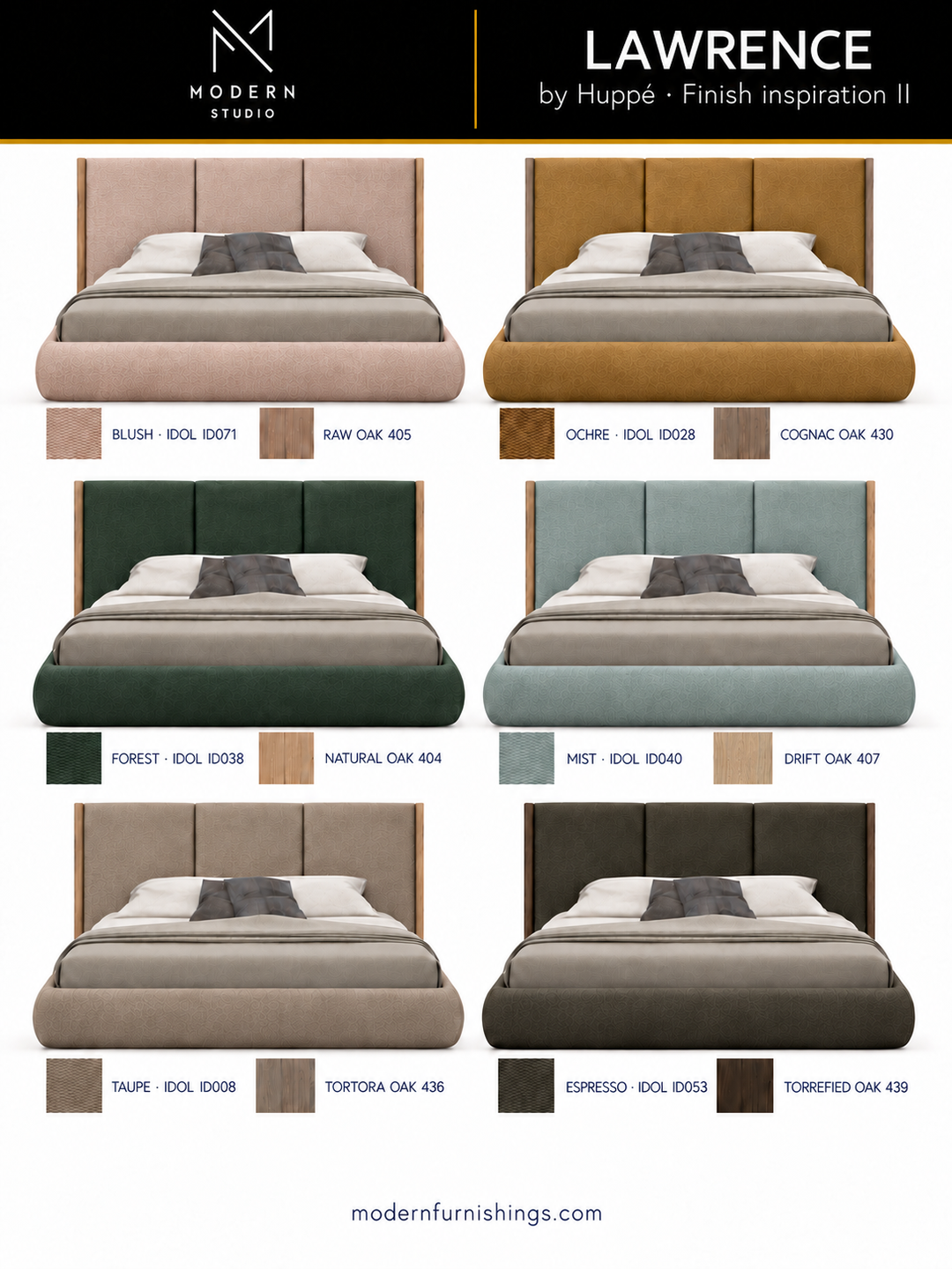 Modern Studio — LAWRENCE UPHOLSTERED BED by Huppé, second finish-inspiration collection based on Huppé material swatches. Screen colors are approximate; confirm with physical samples.