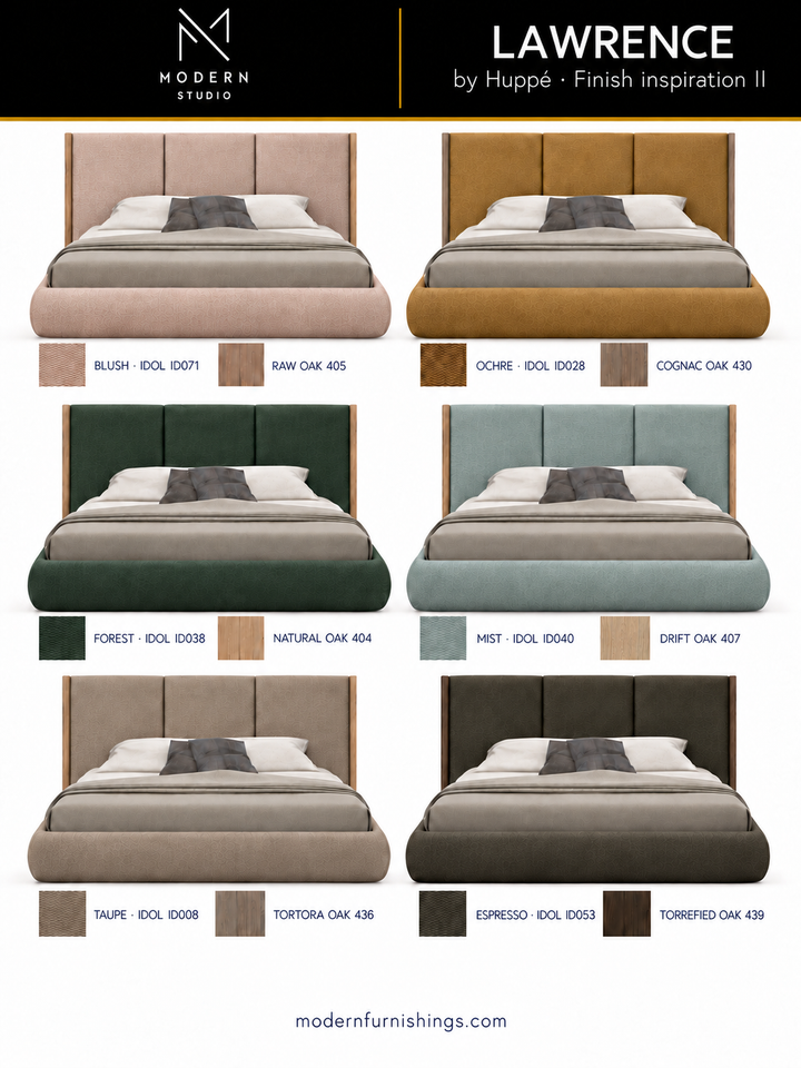 Modern Studio — LAWRENCE UPHOLSTERED BED by Huppé, second finish-inspiration collection based on Huppé material swatches. Screen colors are approximate; confirm with physical samples.