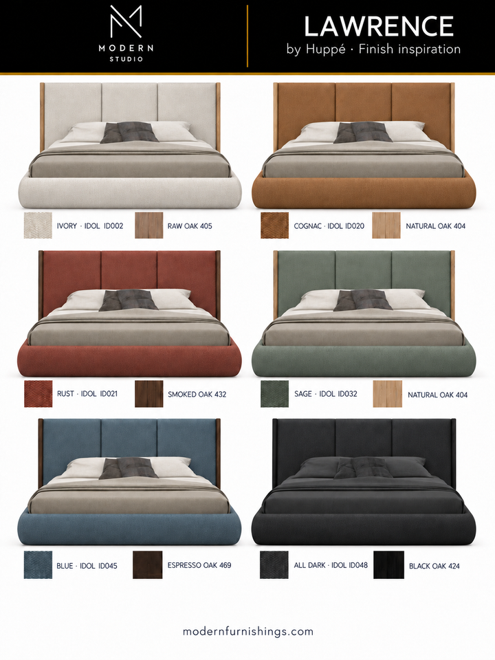 Modern Studio — LAWRENCE UPHOLSTERED BED by Huppé. Six finish concept renderings with compatible material swatch references. Confirm finishes with physical samples.