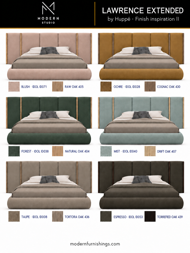 Modern Studio — Lawrence Bed with Headboard Extensions by Huppé, second finish-inspiration collection based on Huppé material swatches. Screen colors are approximate; confirm with physical samples.