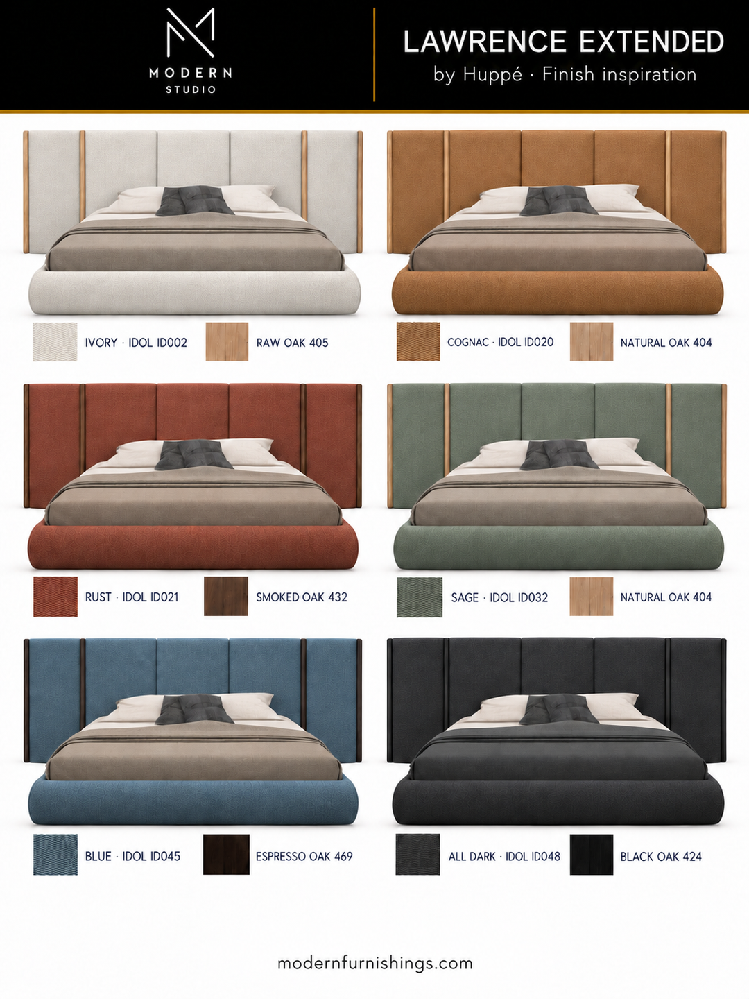 Modern Studio — Lawrence Bed with Headboard Extensions by Huppé. Six finish concept renderings with compatible material swatch references. Confirm finishes with physical samples.