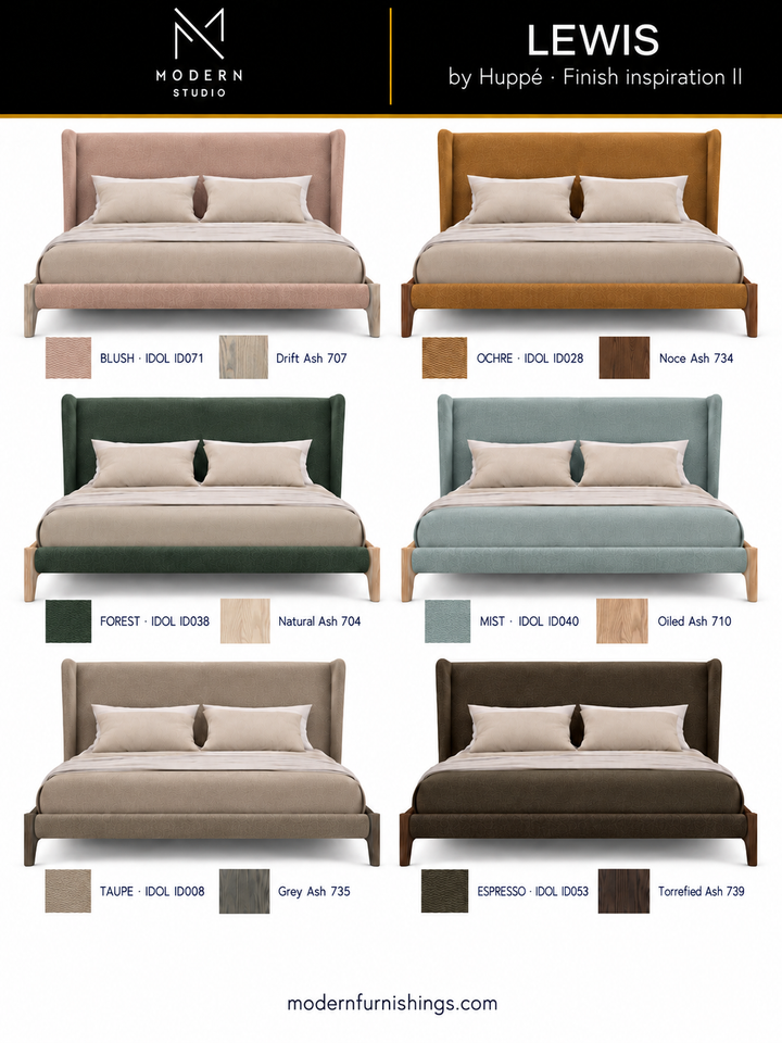 Modern Studio — Lewis Bed by Huppé, second finish-inspiration collection based on Huppé material swatches. Screen colors are approximate; confirm with physical samples.