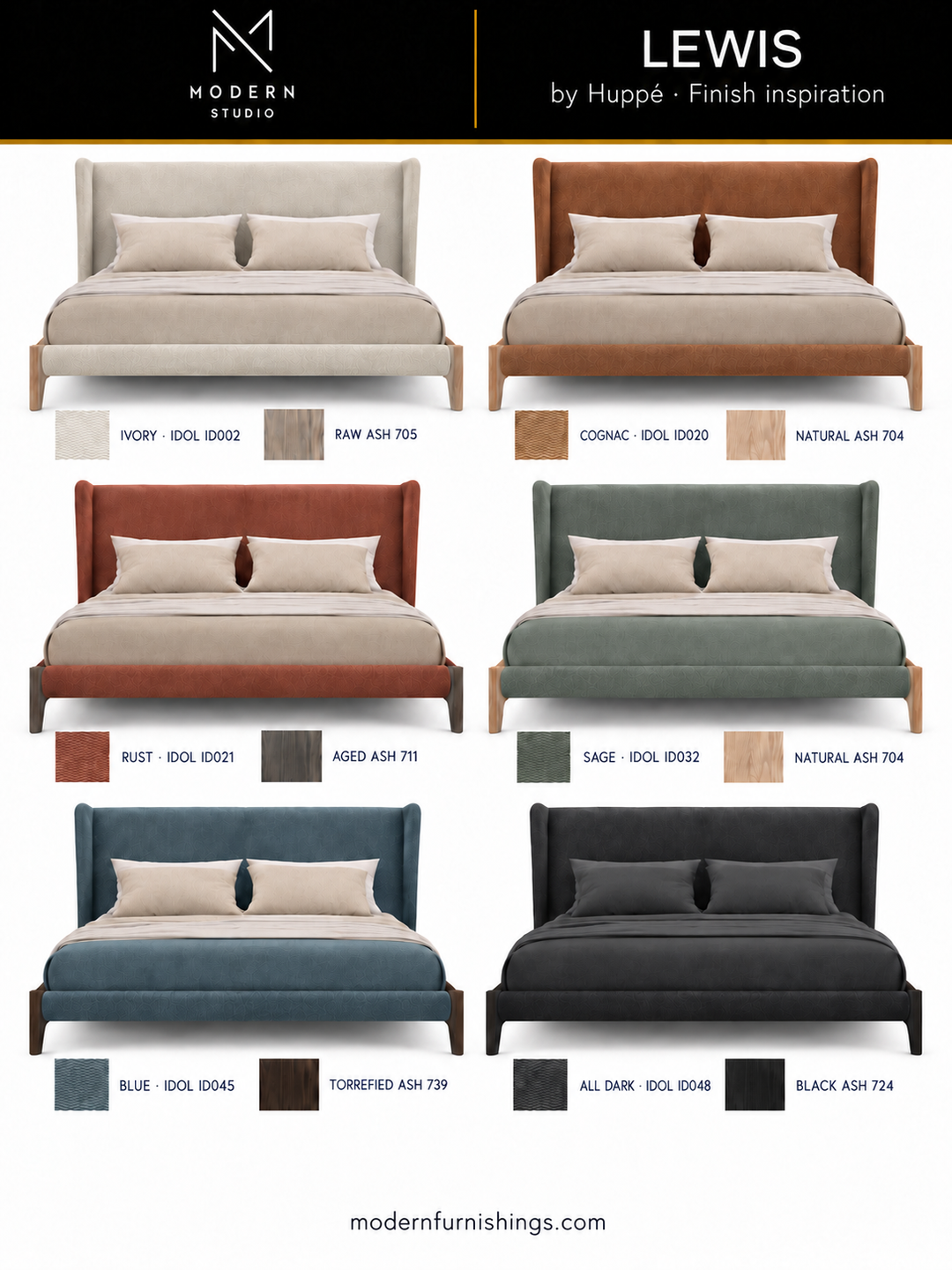 Modern Studio — Lewis Bed by Huppé. Six finish concept renderings with compatible material swatch references. Confirm finishes with physical samples.