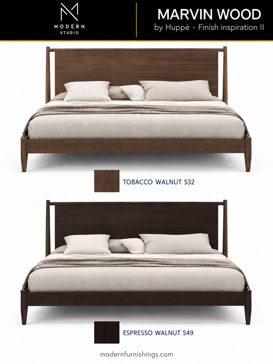 Modern Studio — MARVIN BED by Huppé, second finish-inspiration collection based on Huppé material swatches. Screen colors are approximate; confirm with physical samples.