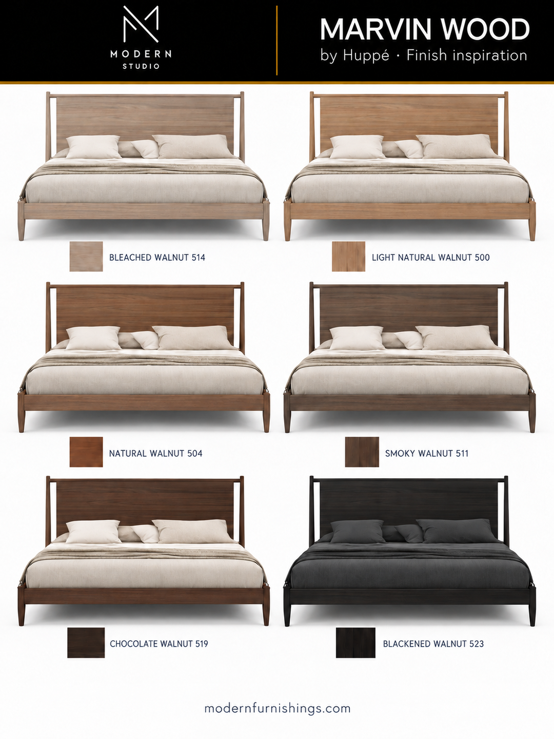 Modern Studio — MARVIN BED by Huppé. Six finish concept renderings with compatible material swatch references. Confirm finishes with physical samples.