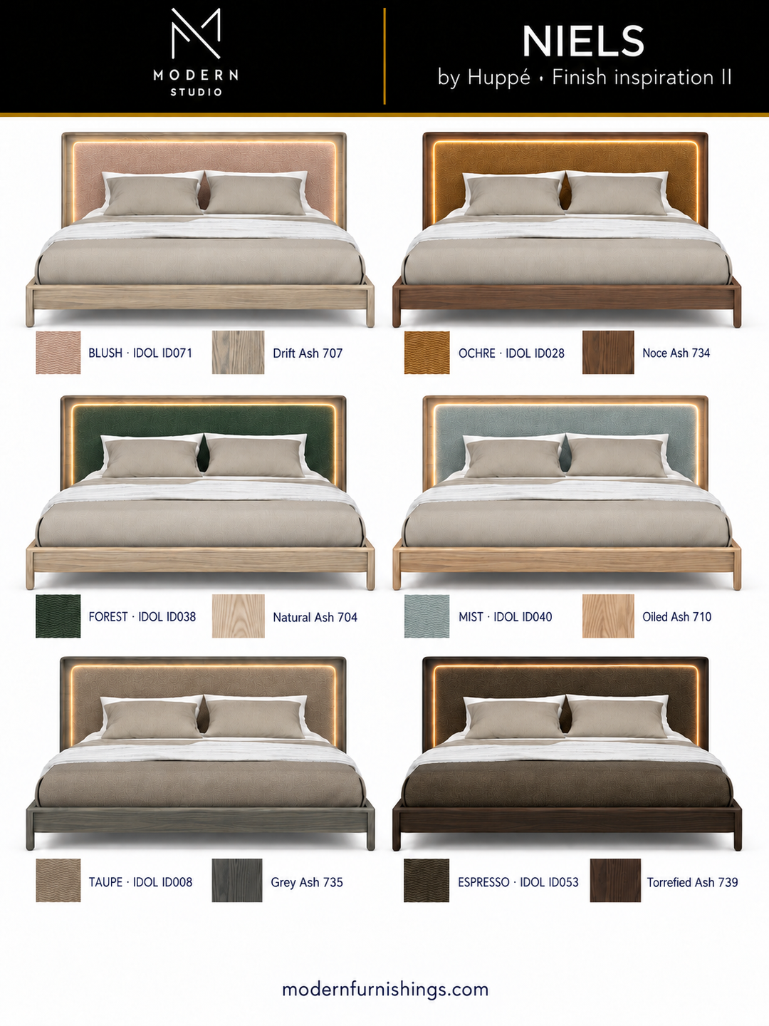 Modern Studio — Niels Upholstered Bed by Huppé, second finish-inspiration collection based on Huppé material swatches. Screen colors are approximate; confirm with physical samples.
