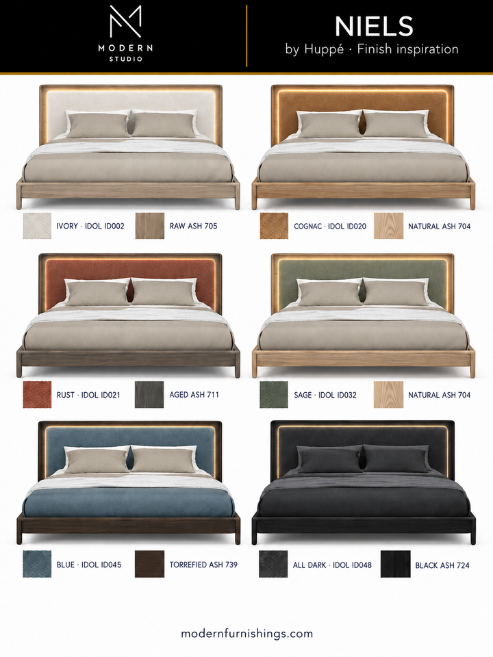 Modern Studio — Niels Upholstered Bed by Huppé. Six finish concept renderings with compatible material swatch references. Confirm finishes with physical samples.