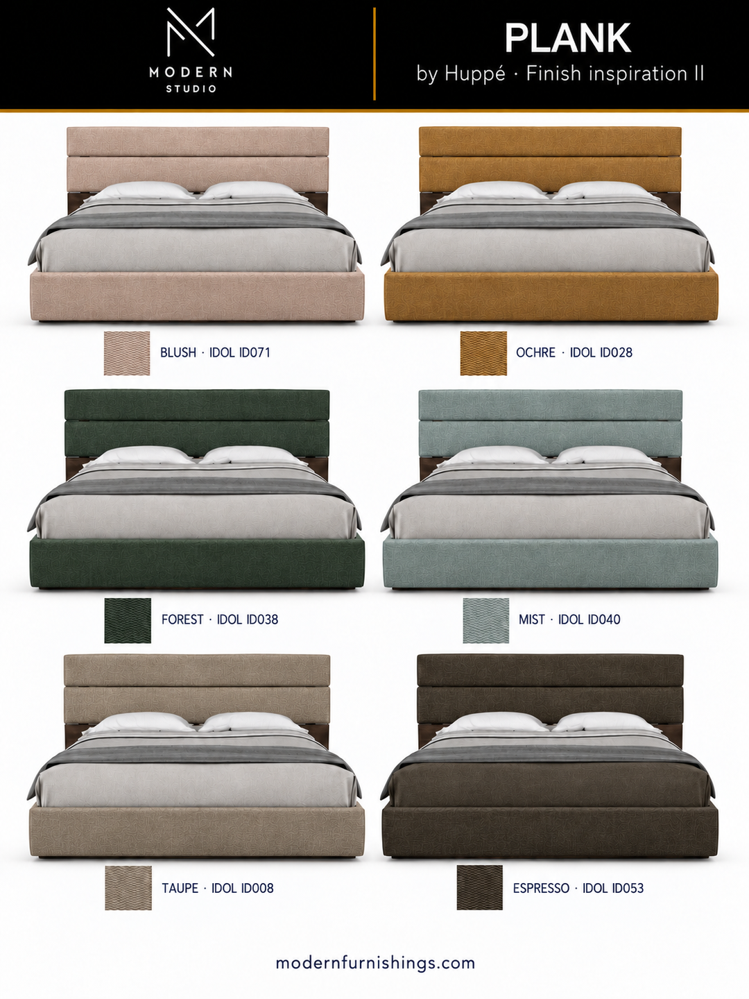 Modern Studio — Plank Bed by Huppé, second finish-inspiration collection based on Huppé material swatches. Screen colors are approximate; confirm with physical samples.