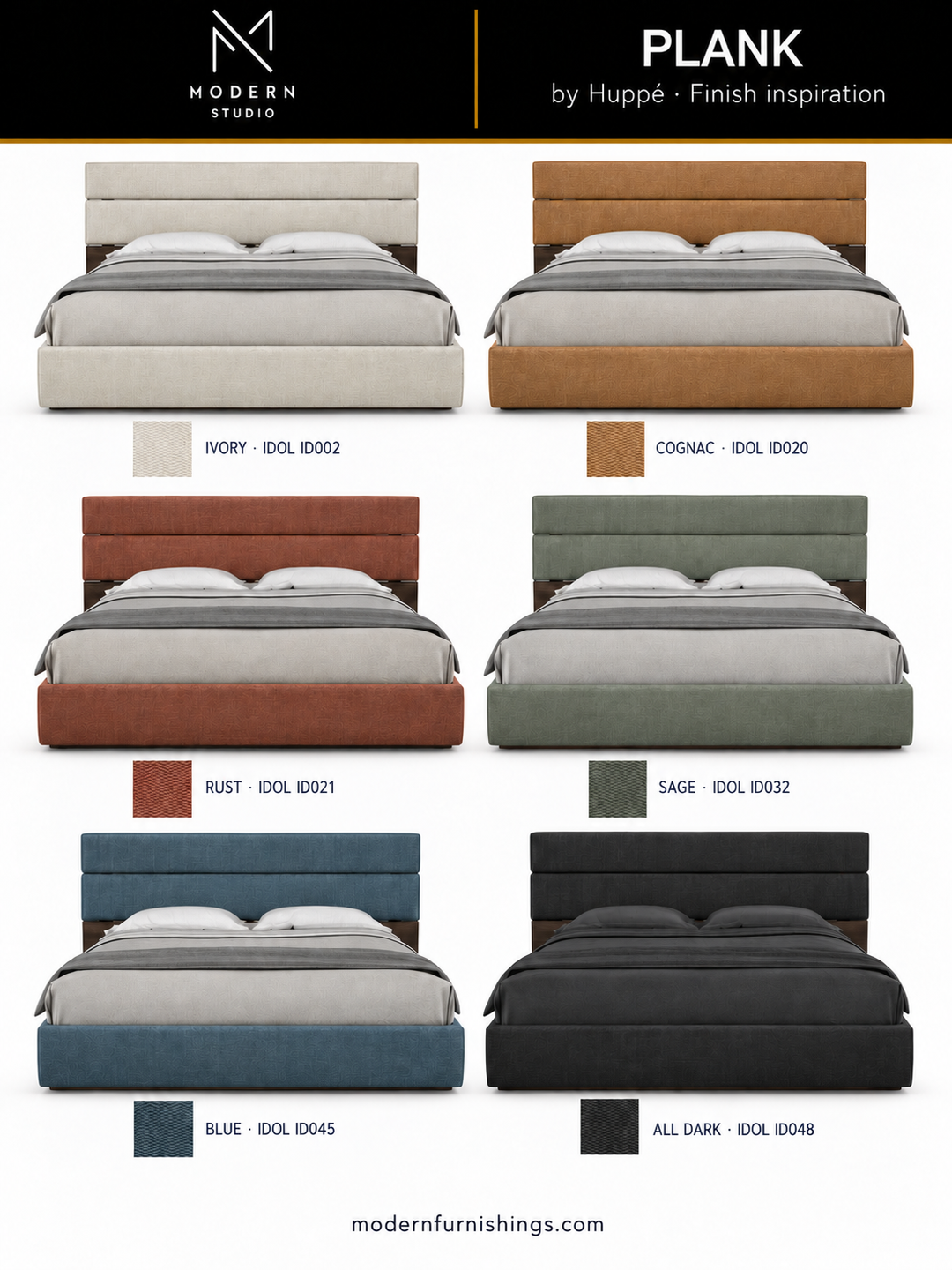 Modern Studio — Plank Bed by Huppé. Six finish concept renderings with compatible material swatch references. Confirm finishes with physical samples.