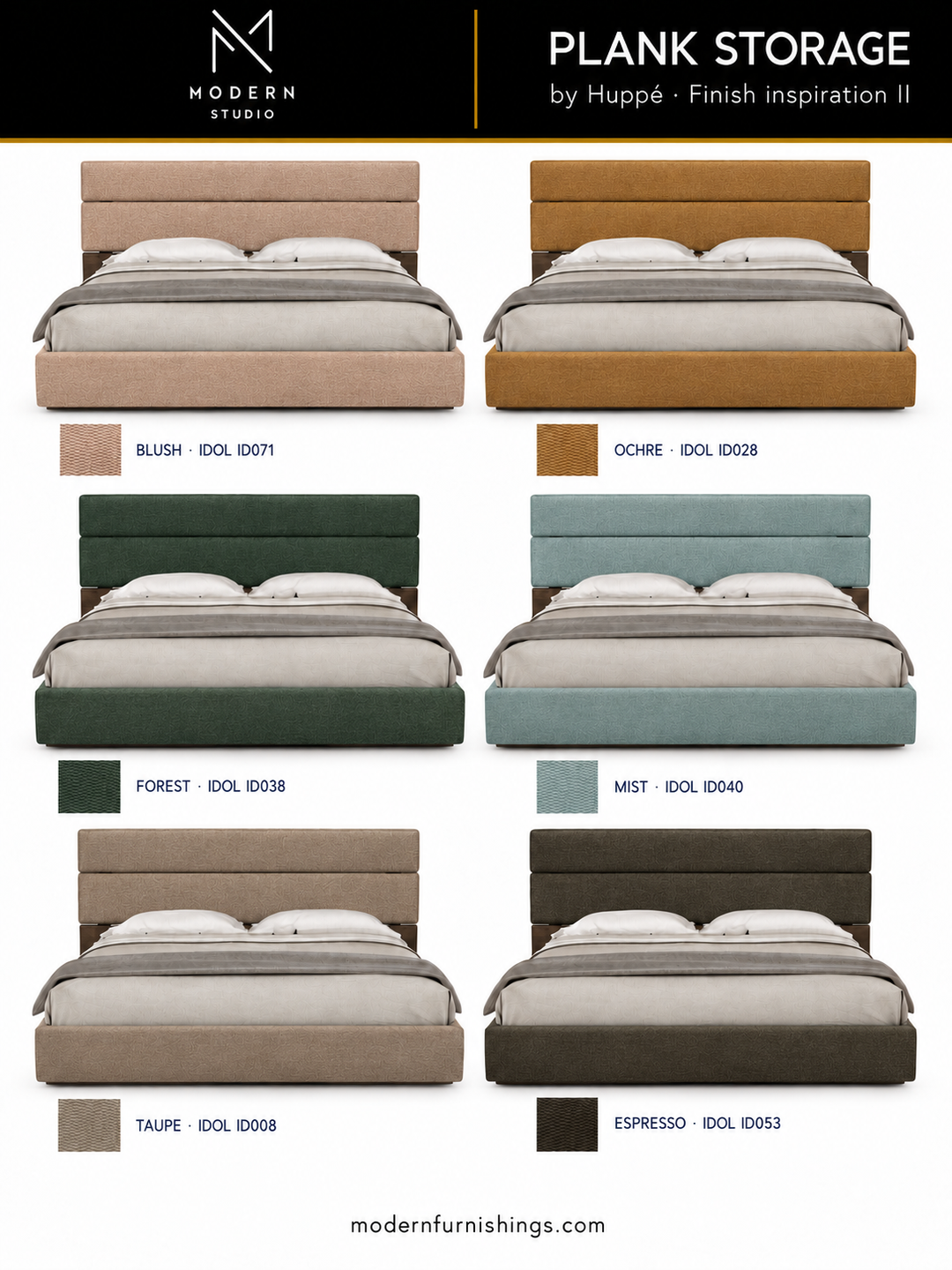 Modern Studio — PLANK UPHOLSTERED STORAGE BED by Huppé, second finish-inspiration collection based on Huppé material swatches. Screen colors are approximate; confirm with physical samples.