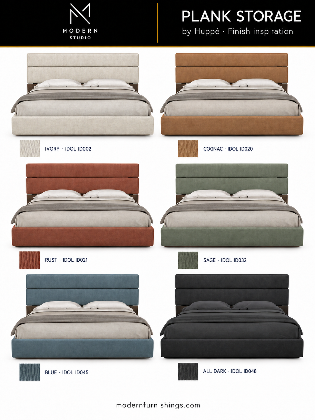 Modern Studio — PLANK UPHOLSTERED STORAGE BED by Huppé. Six finish concept renderings with compatible material swatch references. Confirm finishes with physical samples.