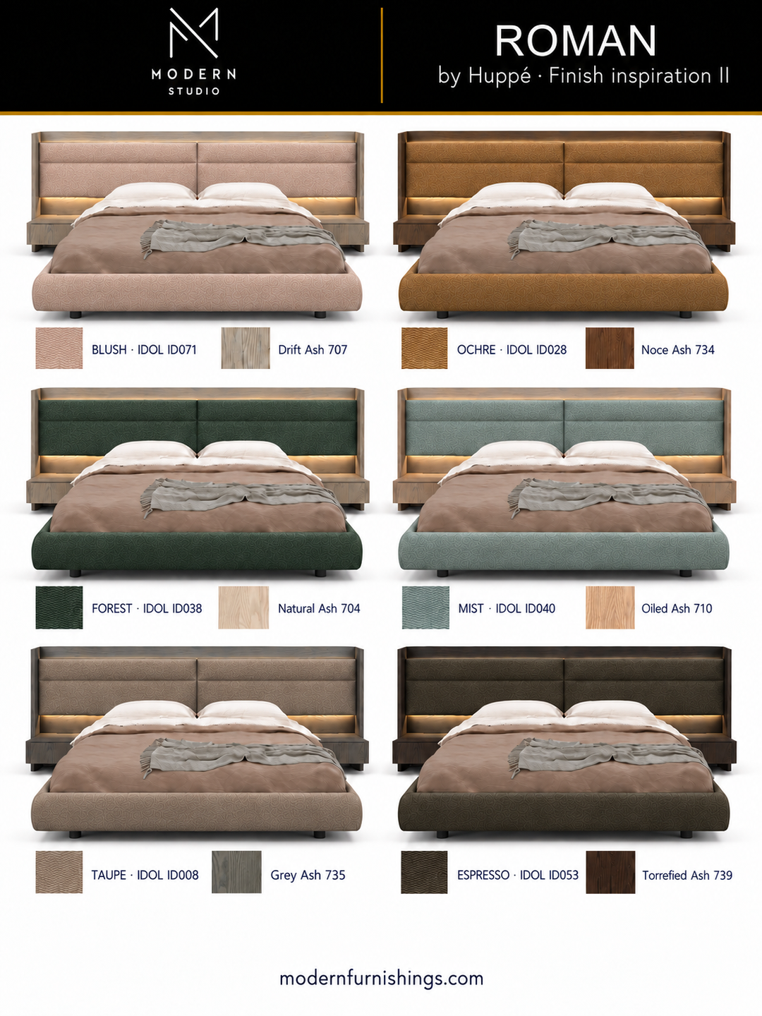 Modern Studio — Roman Bed with Integrated Nightstands by Huppé, second finish-inspiration collection based on Huppé material swatches. Screen colors are approximate; confirm with physical samples.