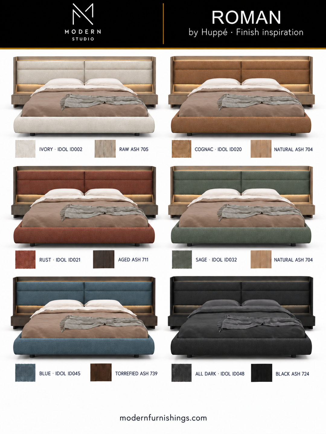 Modern Studio — Roman Bed with Integrated Nightstands by Huppé. Six finish concept renderings with compatible material swatch references. Confirm finishes with physical samples.
