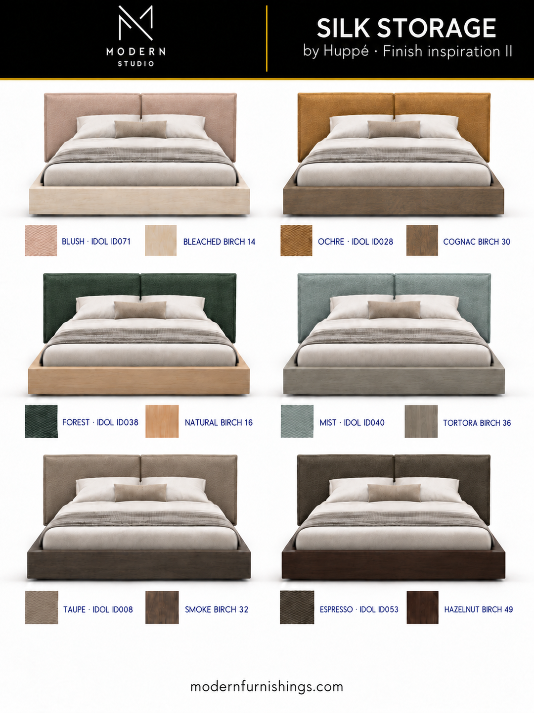 Modern Studio — SILK STORAGE BED by Huppé, second finish-inspiration collection based on Huppé material swatches. Screen colors are approximate; confirm with physical samples.