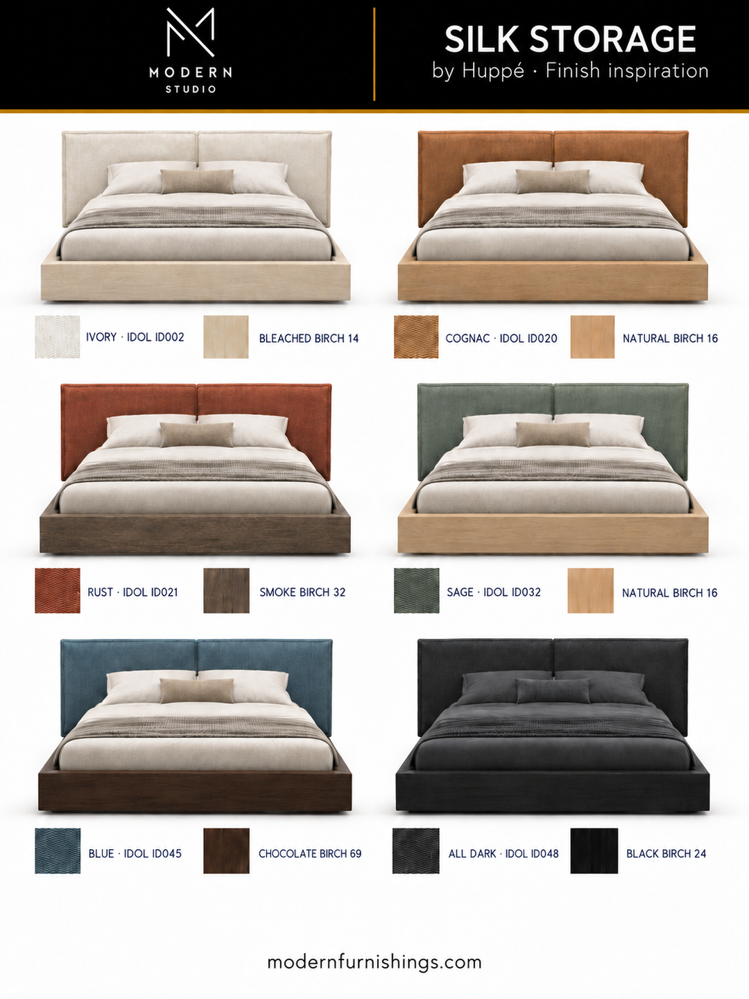 Modern Studio — SILK STORAGE BED by Huppé. Six finish concept renderings with compatible material swatch references. Confirm finishes with physical samples.