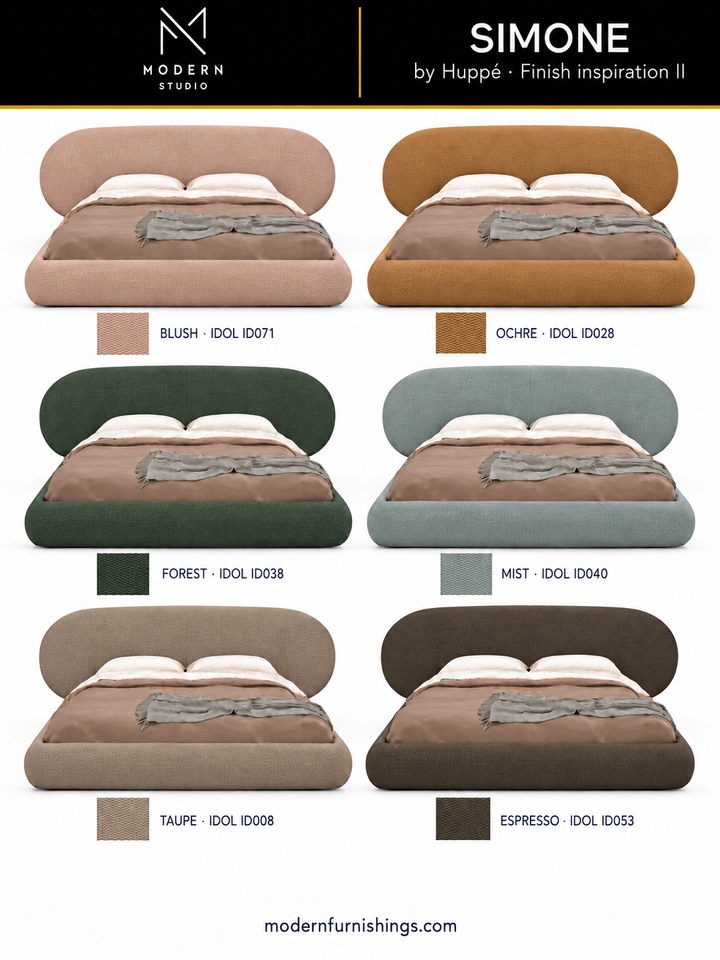 Modern Studio — Simone Bed by Huppé, second finish-inspiration collection based on Huppé material swatches. Screen colors are approximate; confirm with physical samples.